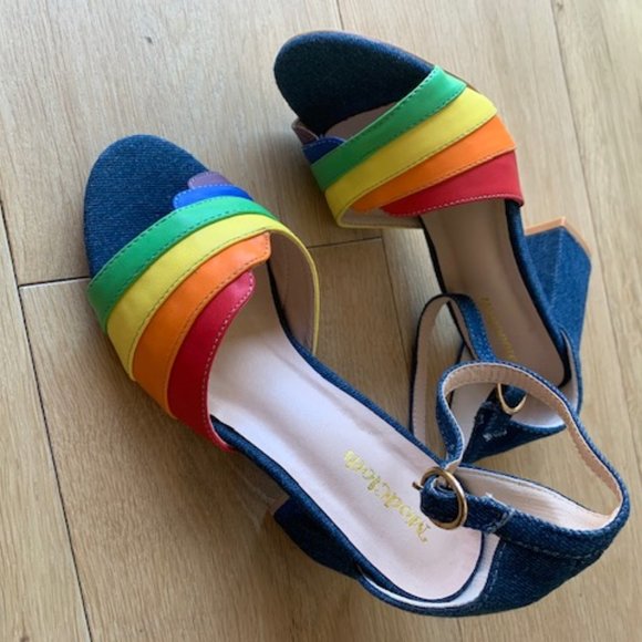 Denim rainbow sandals: Block heels, buckles - Picture 5 of 7